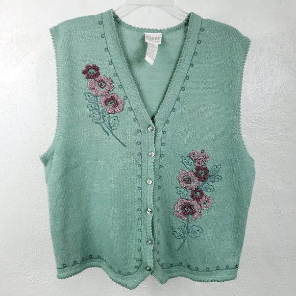 Koret Women's Sea Foam Green Button Floral Embroidered Beaded Knit Sweater Vest - Picture 11 of 12